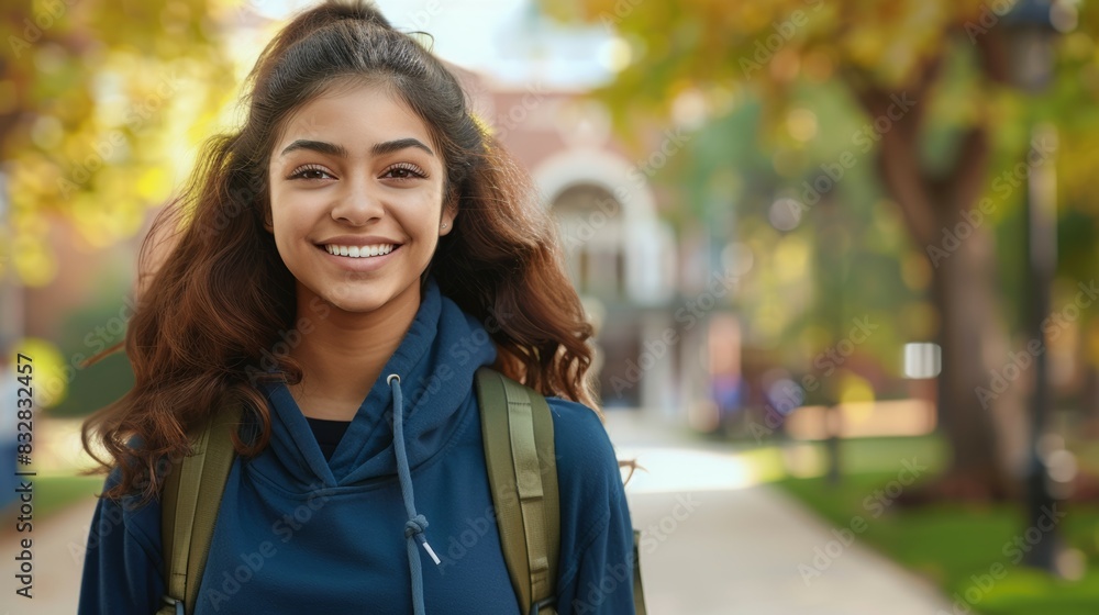 Young female student goes to class, back to study concept. Background with selective focus and copy space Young female student goes to class, back to study concept. Background with selective focus and copy space