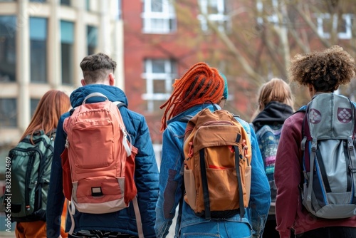 Back view of five multiethnic students with backpacks walking on a university campus,