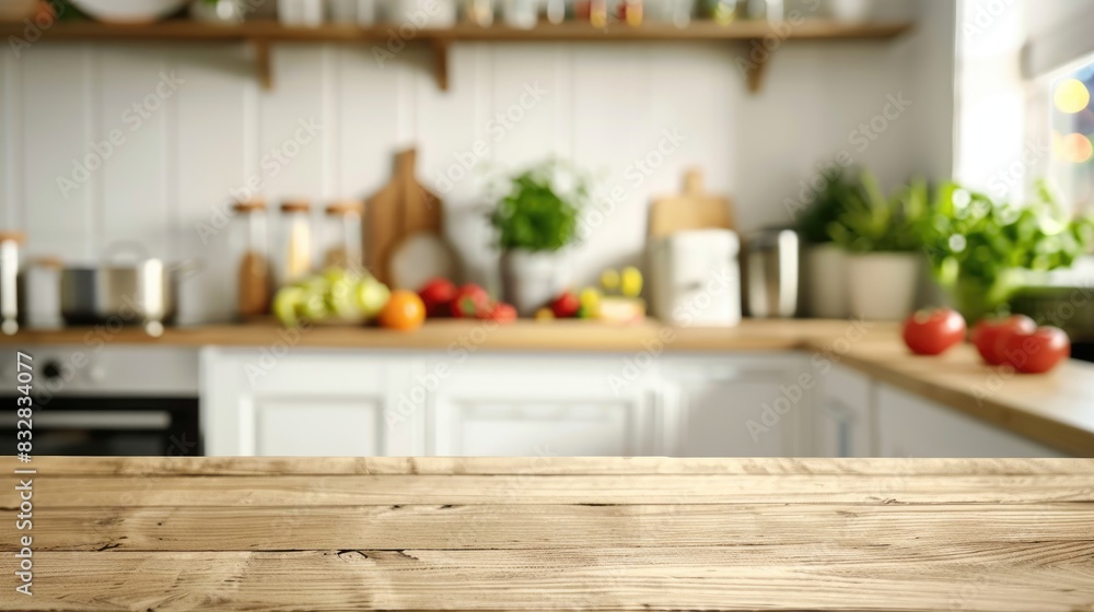 Clean and bright modern kitchen interior background with a beautiful wooden table top and blurred bokeh effect ideal for product display Clean and bright modern kitchen interior background with a beautiful wooden table top and blurred bokeh effect ideal for product display