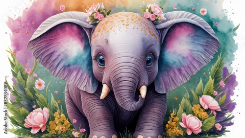 Cute big-eyed baby elephant decorated with tiny flowers, soft pastel colors.