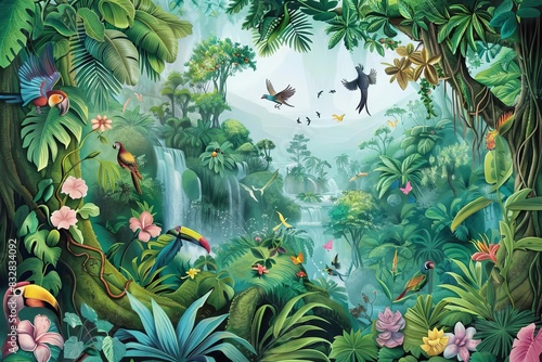 enchanted jungle with magical fantasy animals and birds childrens bedroom wallpaper mural