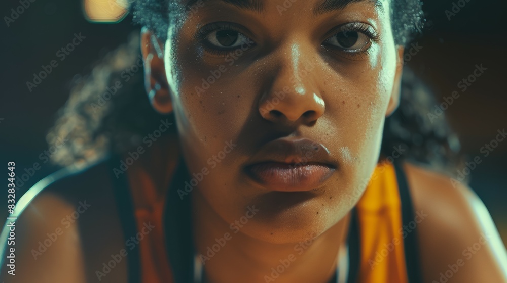 Sportswoman or athlete. Backdrop with selective focus and copy space Sportswoman or athlete. Backdrop with selective focus and copy space