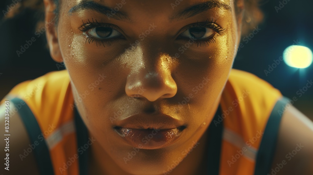Sportswoman or athlete. Backdrop with selective focus and copy space Sportswoman or athlete. Backdrop with selective focus and copy space