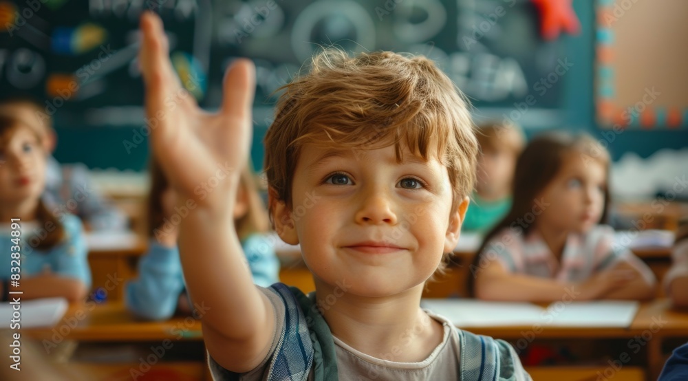 Children raise their hands to answer in the classroom. Back To School concept. Background with selective focus Children raise their hands to answer in the classroom. Back To School concept. Background with selective focus
