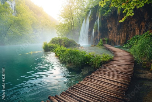 Beautiful summer landscape of Plitvice lakes in Croatia  wooden path leading to waterfall and lake with misty morning light