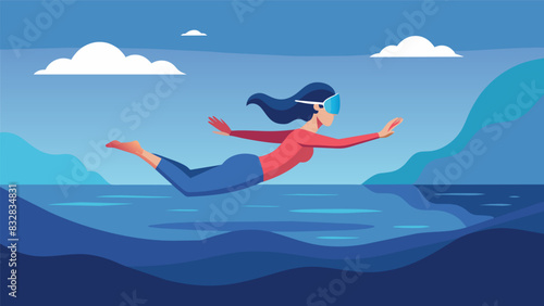 A woman suspended in the air virtually floating above a serene ocean as she practices a challenging inversion pose with the help of VR technology.. Vector illustration