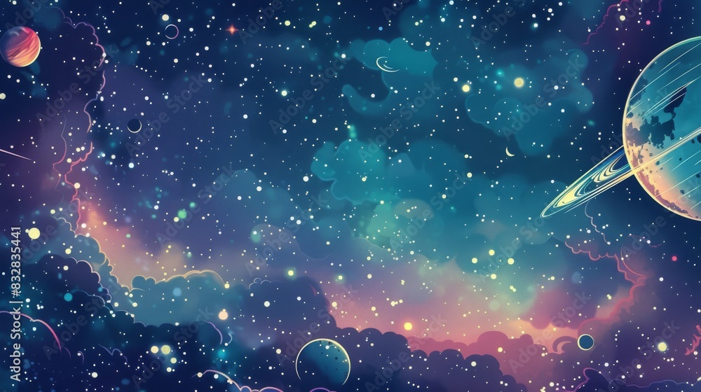 a cartoon background of space filled with stars and a faw faint planets in the background, colors should be vivid and playful a cartoon background of space filled with stars and a faw faint planets in the background, colors should be vivid and playful