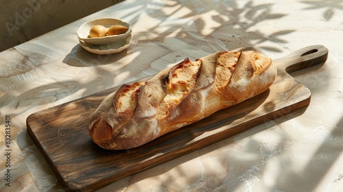 Baguette freshly presented on a cutting board photo
