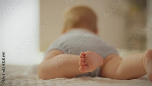 A small child, lying on his stomach, kicks his legs, showing playfulness and a great mood. The baby moves his legs while playing, creating an atmosphere of joy and fun in the children's room photo