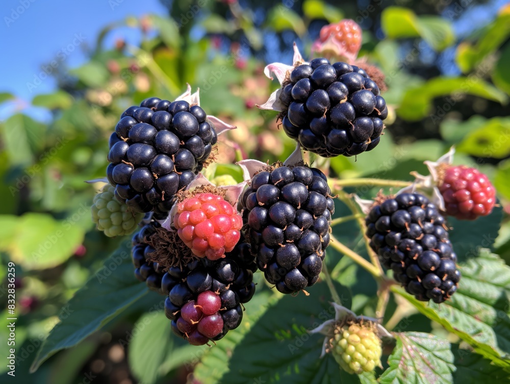 A bunch of blackberries are hanging from a tree. The berries are ripe and ready to be picked A bunch of blackberries are hanging from a tree. The berries are ripe and ready to be picked
