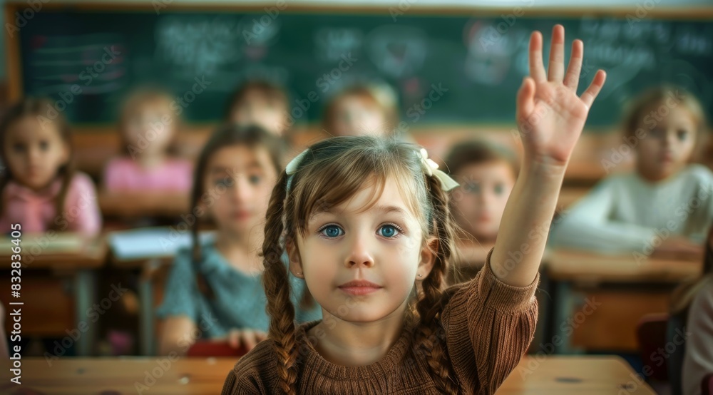 Children raise their hands to answer in the classroom. Back To School concept. Background with selective focus Children raise their hands to answer in the classroom. Back To School concept. Background with selective focus