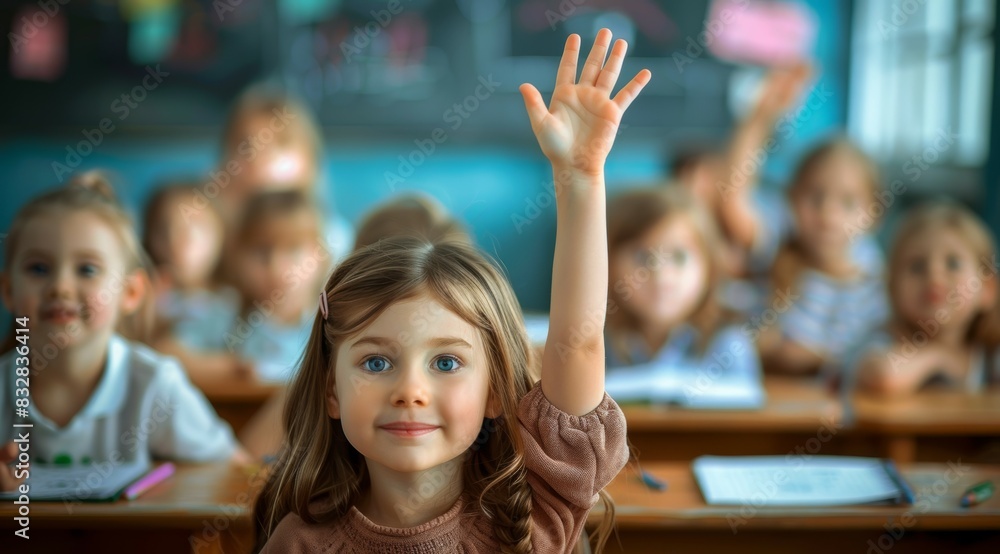 Fototapeta premium Children raise their hands to answer in the classroom. Back To School concept. Background with selective focus