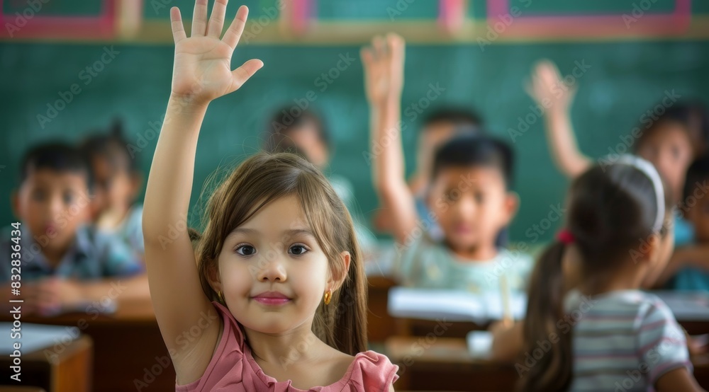 Fototapeta premium Children raise their hands to answer in the classroom. Back To School concept. Background with selective focus