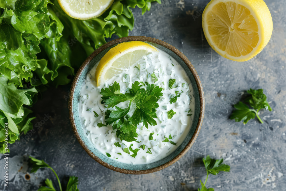 fresh homemade ranch dressing with parsley and lemon in rustic ceramic bowl fresh homemade ranch dressing with parsley and lemon in rustic ceramic bowl