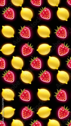 Seamless background of yellow neon lemons and pink neon strawberries on a dark background.