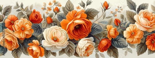 Ornament elements  vintage orange floral pattern on white background.