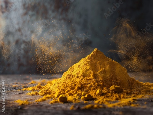 Bright yellow turmeric powder captured in a rustic studio setting, representing its powerful anti-inflammatory properties and essential role in curries and health remedies.  © Lamina