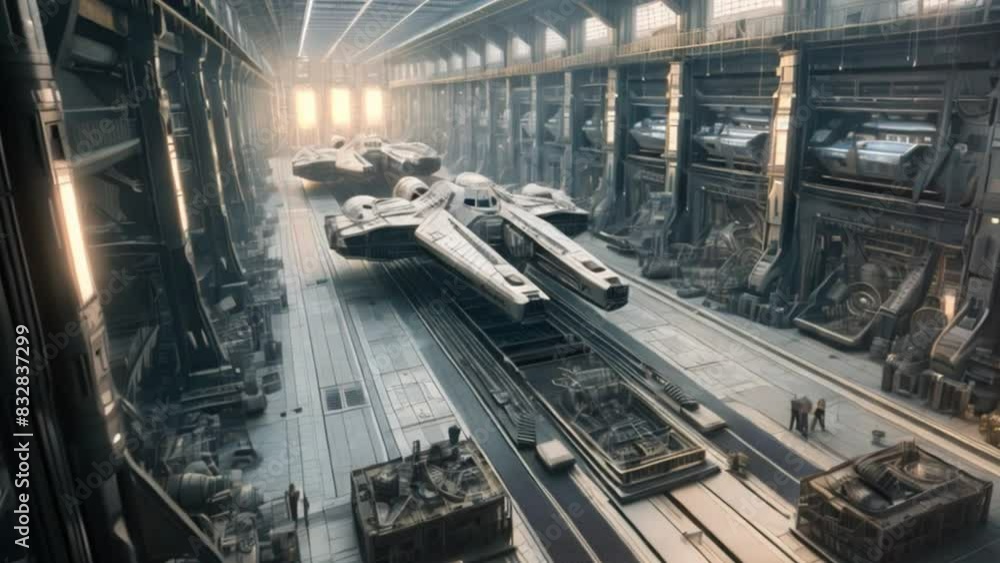 A futuristic spaceship is parked inside a massive building, showcasing advanced technology in an enclosed space. A futuristic spaceship is parked inside a massive building, showcasing advanced technology in an enclosed space.