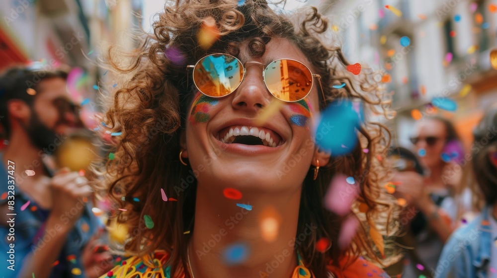 A woman at an LGBT parade in support of the pride community. Background with selective focus and copy space A woman at an LGBT parade in support of the pride community. Background with selective focus and copy space