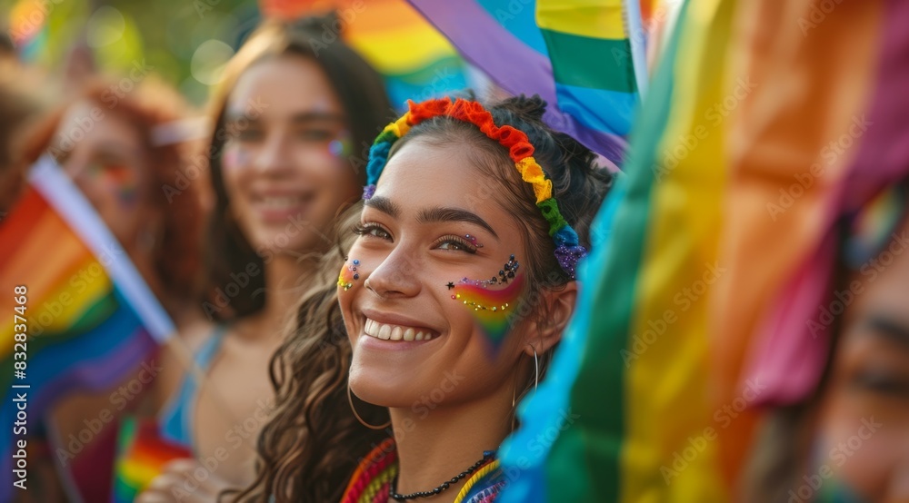 A woman at an LGBT parade in support of the pride community. Background with selective focus and copy space A woman at an LGBT parade in support of the pride community. Background with selective focus and copy space