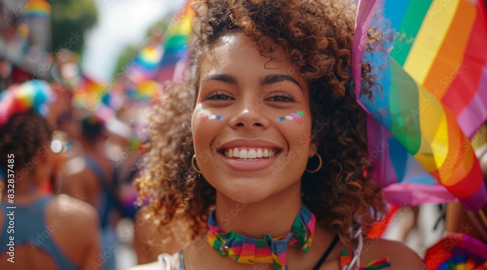 A woman at an LGBT parade in support of the pride community. Background with selective focus and copy space A woman at an LGBT parade in support of the pride community. Background with selective focus and copy space