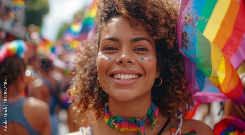 A woman at an LGBT parade in support of the pride community. Background with selective focus and copy space