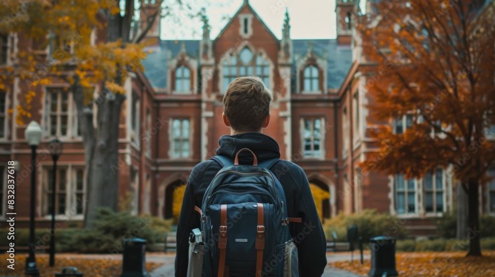 Student goes to class, back to study concept. Background with selective focus and copy space Student goes to class, back to study concept. Background with selective focus and copy space