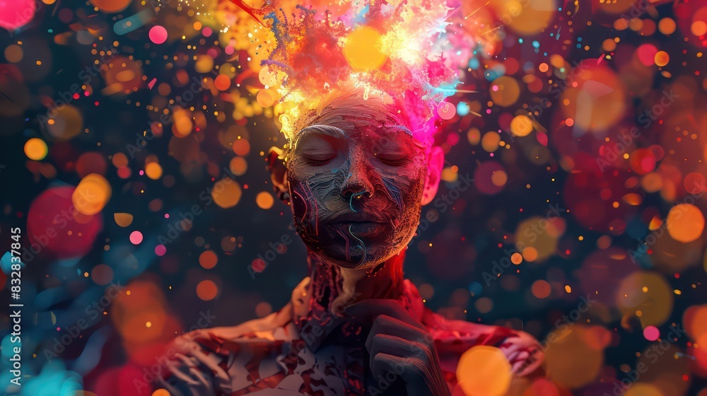 Colorful 3D illustration representing a person with a creative mind, lightbulb, imagination collage Colorful 3D illustration representing a person with a creative mind, lightbulb, imagination collage