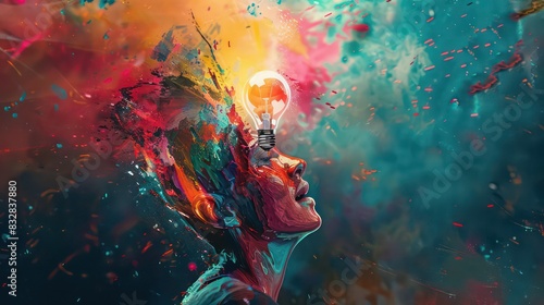 Colorful 3D illustration representing a person with a creative mind, lightbulb, imagination collage