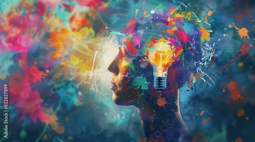 Colorful 3D illustration representing a person with a creative mind, lightbulb, imagination collage photo