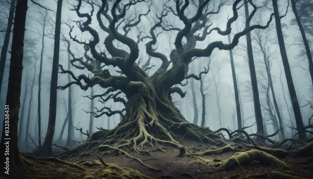Naklejka premium A hauntingly beautiful ancient tree stands with sprawling twisted branches in a fog-enshrouded forest, evoking a mystical atmosphere.. AI Generation