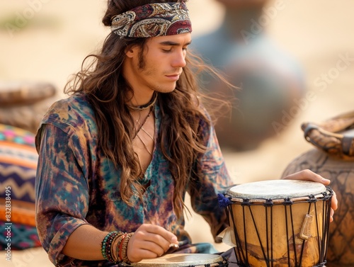 A man with long hair is playing a drum. The scene is set in a desert, with a few vases in the background. The man is wearing a colorful shirt and a headband