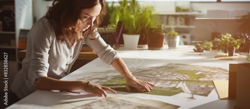 Young female landscape designer working in office. photo