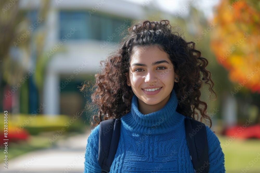 Young female student goes to class, back to study concept. Background with selective focus and copy space Young female student goes to class, back to study concept. Background with selective focus and copy space