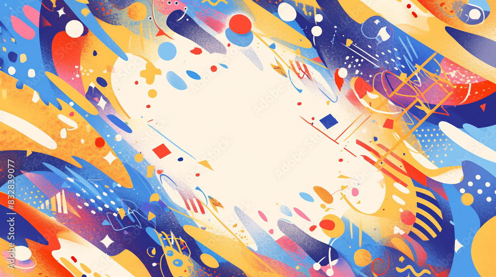 Fototapeta premium A whimsical abstract background designed for children featuring playful shapes and vibrant colors, with ample copy space for creative projects