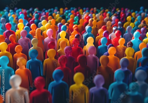 Colorful plasticine crowd of people in a closeup on a dark background.