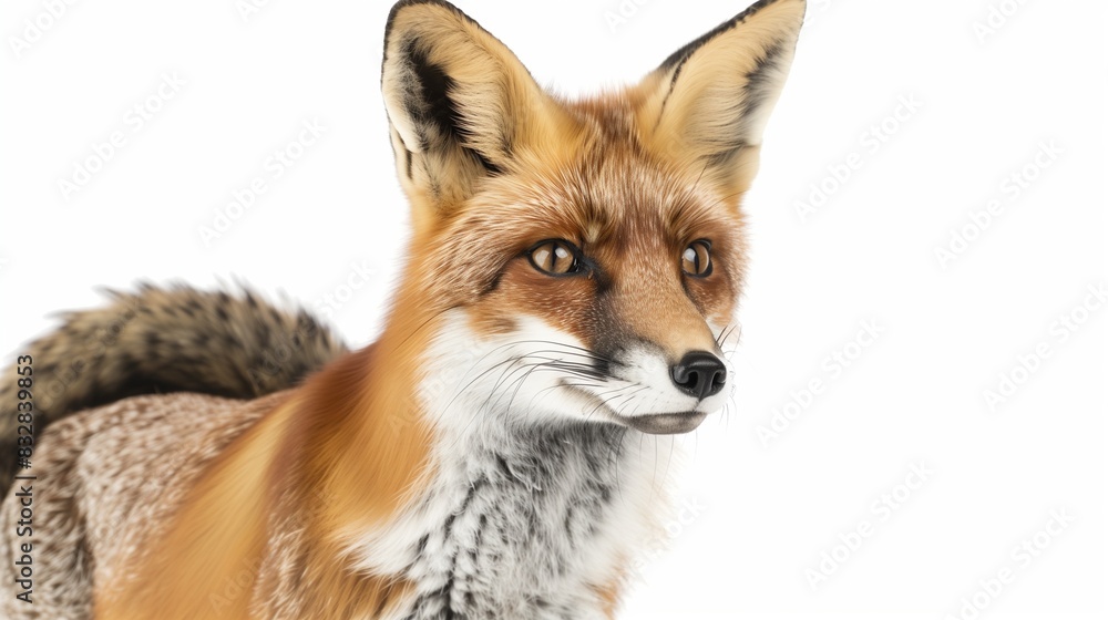 Fototapeta premium A cunning fox with its reddish fur and bushy tail, looking alert and ready to pounce, isolated on solid white background.