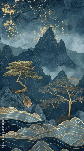 Dark blue mural wallpaper from the contemporary era tree, mountain and waves of gold on a dark blue backdrop depicting a jungle or forest