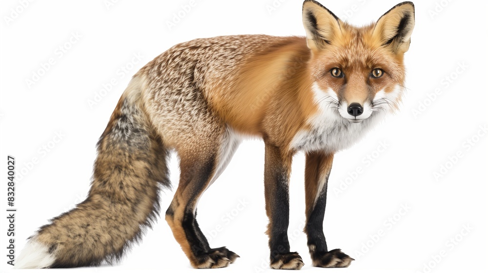 Fototapeta premium A cunning fox with its reddish fur and bushy tail, looking alert and ready to pounce, isolated on solid white background.