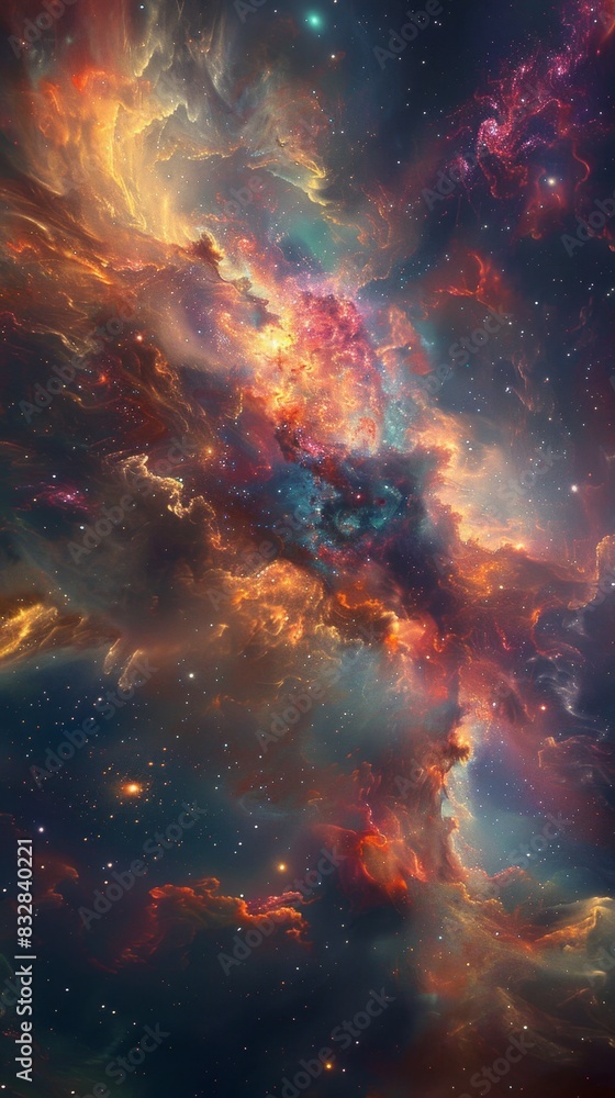 This image displays a vivid nebula with swirling clouds of gas and dust in vibrant shades of orange, red, and blue, illuminated by stars, set against the dark expanse of space. This image displays a vivid nebula with swirling clouds of gas and dust in vibrant shades of orange, red, and blue, illuminated by stars, set against the dark expanse of space.