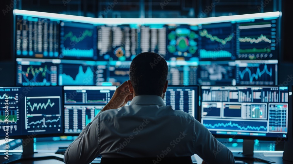A man in business attire sits at a desk in front of several computer monitors, focused on his work. A man in business attire sits at a desk in front of several computer monitors, focused on his work.