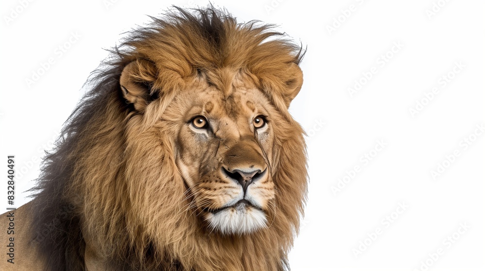 A majestic lion with a full, flowing mane, gazing intensely, isolated on solid white background. A majestic lion with a full, flowing mane, gazing intensely, isolated on solid white background.