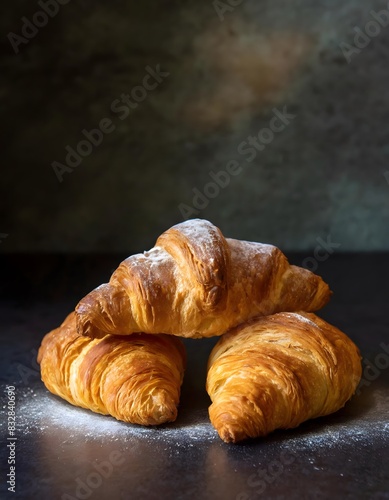 a croissant with powdered sugar on it sits on a counter.