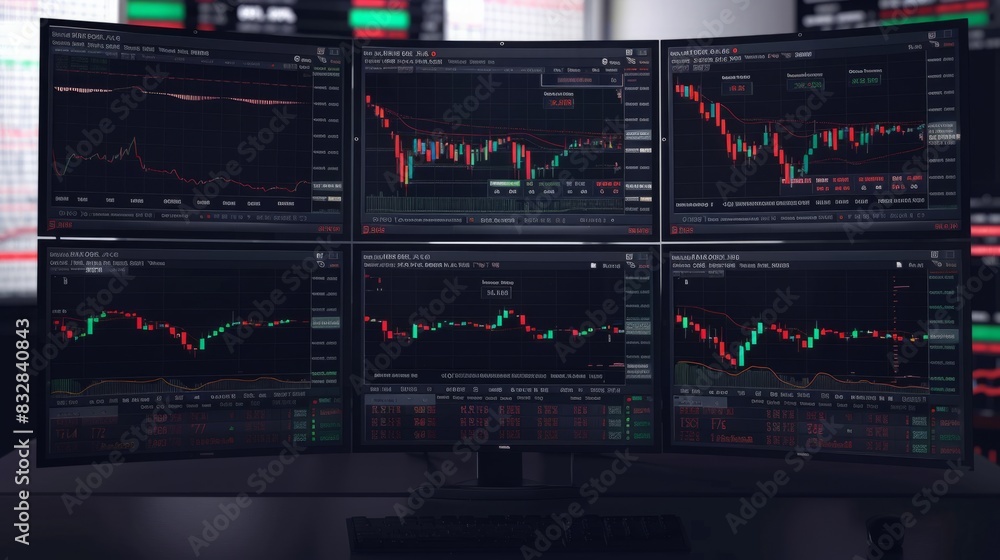 Various computer monitors are neatly organized on a desk, displaying different screens and data.
