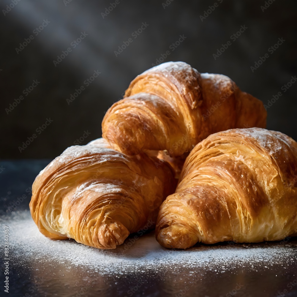 a croissant with powdered sugar on it sits on a counter. a croissant with powdered sugar on it sits on a counter.