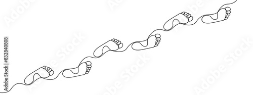 Footprint of a path of barefoot human feet in simple linear style . Diagonal trace of barefoot is drawn with one continuous editable line. Vector illustration