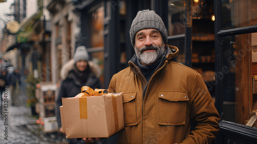 Man with gift on city street