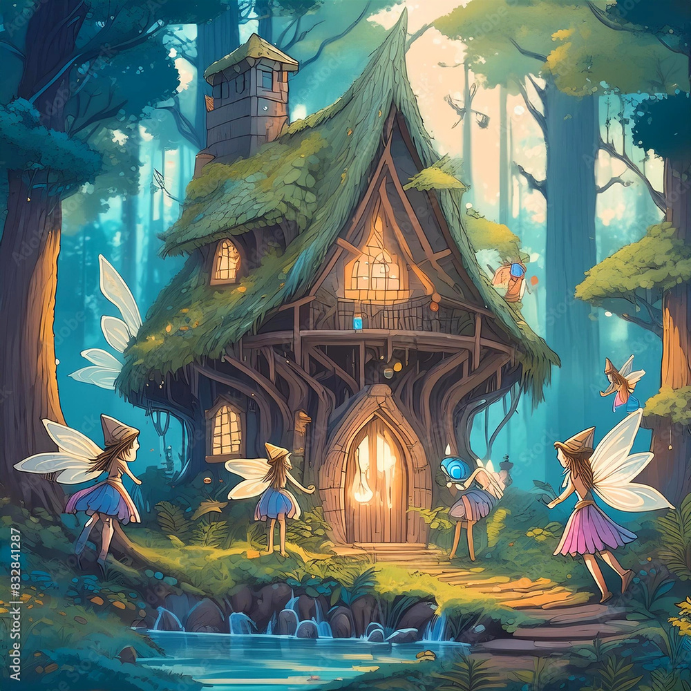 Obraz premium Draw a house guarded by fairies in a fantasy forest