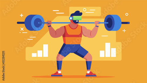 The lifter can track their progress over time seeing their gains in both strength and muscle growth through the VR weightlifting simulation.. Vector illustration
