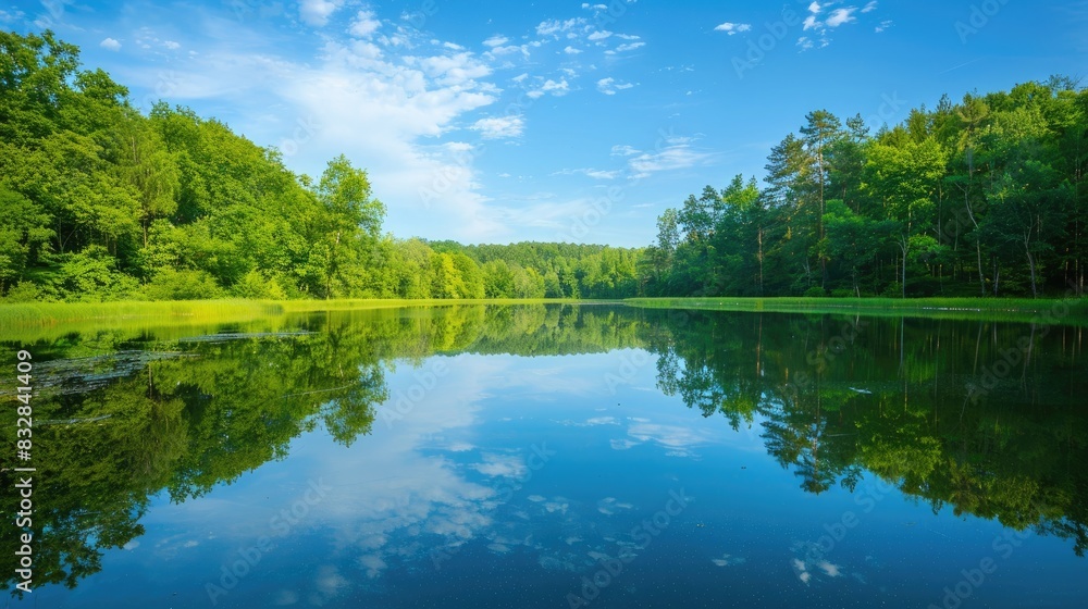 A tranquil body of water mirroring a wooded area under a clear blue sky A tranquil body of water mirroring a wooded area under a clear blue sky